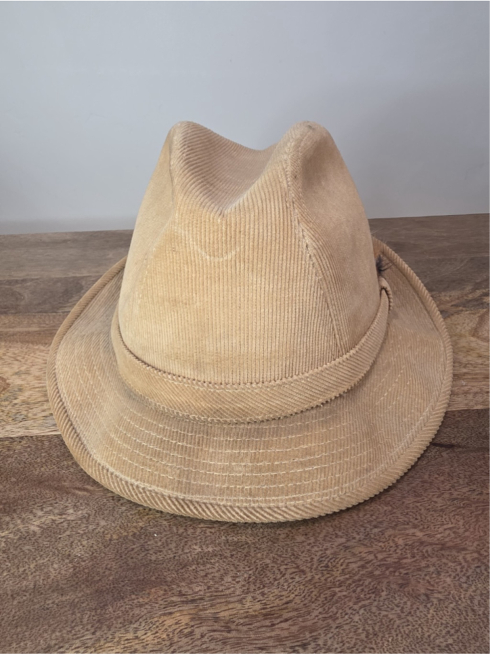 VTG Artel Hat With A Pedigree Royal Corduroy Fedora Hat Tan XL Made USA Feather